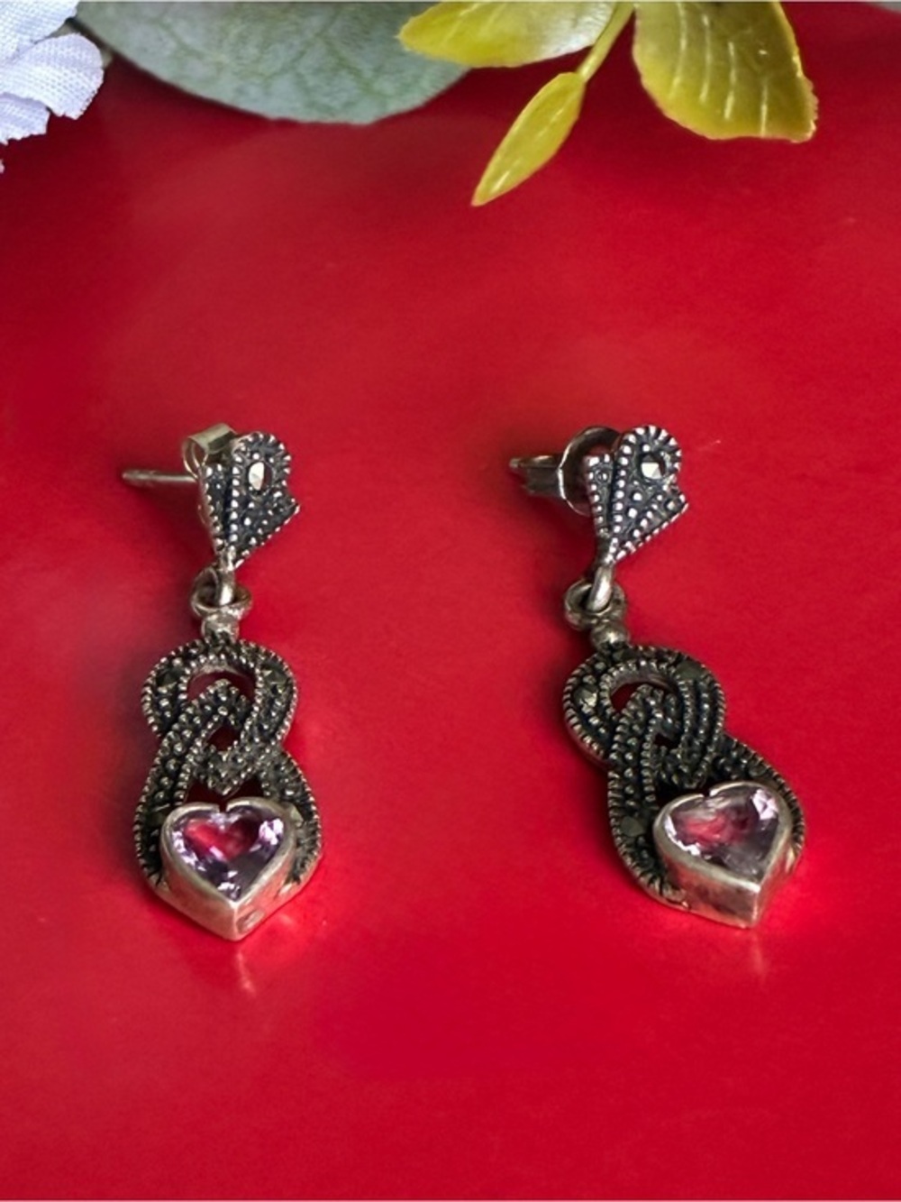 925 Silver Earrings,Silver-Tone Heart Drop Earrings with Pink Crystals